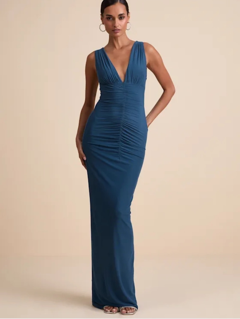 NWT Lulus Aveline Dark Slate Jersey Knit Ruched Bodycon Maxi Dress Blue Size S
